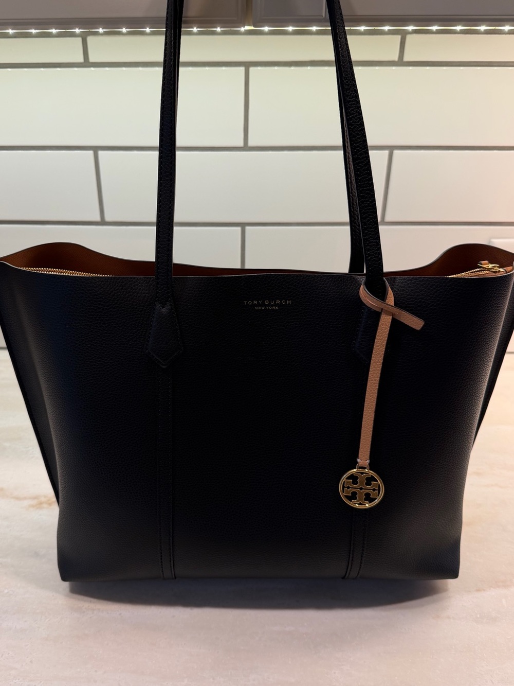Tory Burch Black Leather with Tan Interior Perry 3 compartment tote